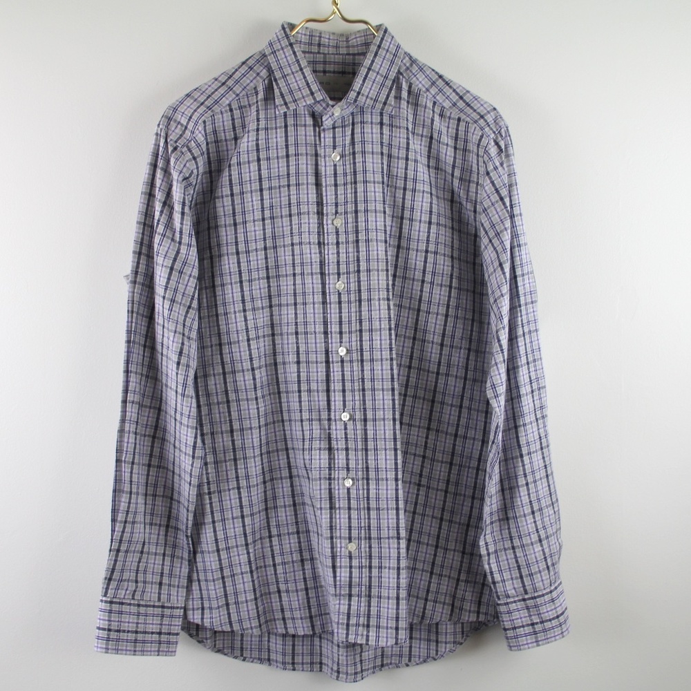 ETRO Men's Button Up Casual Cotton Grey Purple Plaid Paisley Design Shirt 41 L